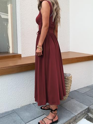 Image of Mieazom Women's Boho Summer Maxi Dress with Pockets, Adjustable Waist, Sleeveless Casual Ruched Sundress for Beach Vacation