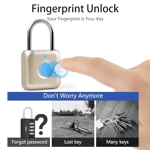 Smart Fingerprint Padlock, Combination Lock with USB Rechargeable, Waterproof, Suitable for Toolboxes, Backpacks, Suitcases, Luggage, School, Gym Lockers, Gates, Gold2