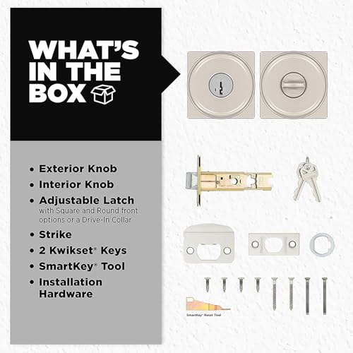 Image of Kwikset Maven Entry Door Knob with Lock and Key, Secure Keyed Handle Exterior, Square Front Entrance and Bedroom, Satin Nickel, Pick Resistant SmartKey Rekey Security and Microban (Pack of 4)