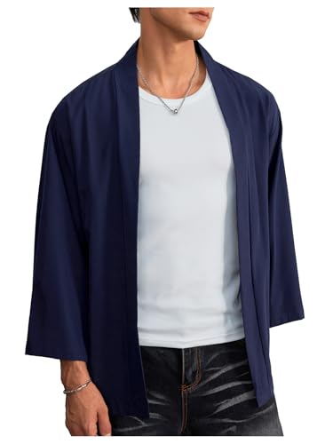Image of OYOANGLE Men's Open Front 3 /4 Sleeve Kimono Jackets Loose Casual Drop Shoulder Cardigans Outerwear Dark Blue Large