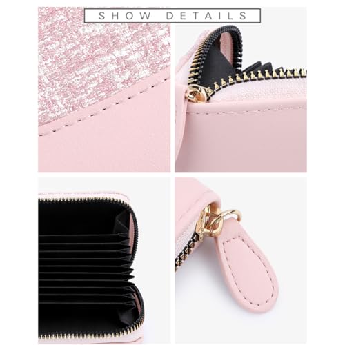 Women Small Wallet Card Holder Everyday Slim RFID Blocking Pink Color Block Organizer Compact Ins Style Multi Pocket Zipper Coin Purse for Credit Cards IDs Cash4