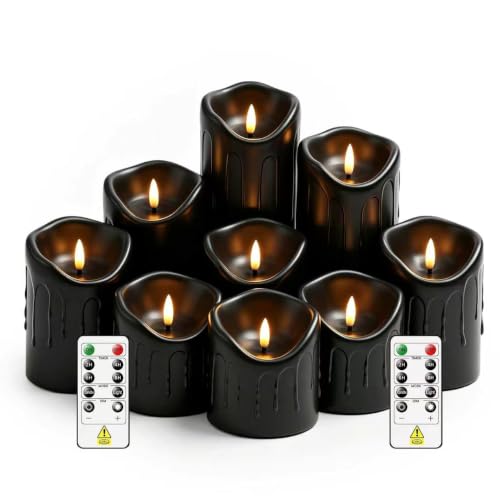 Image of 9 Pcs Flickering Flameless LED Pillar Candles, (D 3 inch x H 3 inch 4 inch 5 inch 6 inch 7 inch) Battery Operated with Remote Plastic Wax Drip Fake Candles for Home Wedding Holiday Decor,Black
