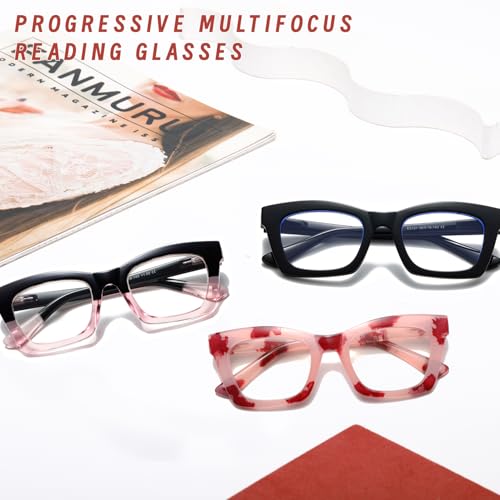 Hubeye 3 Pack Progressive Multifocus Reading Glasses For Women Blue Light Blocking Oprah Style Square Reader Spring Hinge +2.5 thumb #6