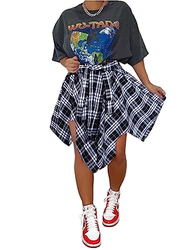 Women's Plaid Skorts Skirts - High Waisted Tie Front Pleated Summer Asymmetrical Skirt with Shorts2