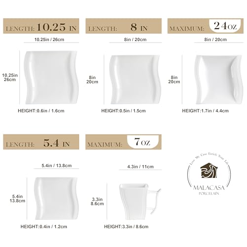 Image of MALACASA Ivory White Dinnerware Sets, 30-Piece Porcelain Plates and Bowls Sets, Modern Dish Set for 6, Square Plates Dinnerware Set Kitchen Dishware Sets, Microwave and Dishwasher Safe, Series Flora
