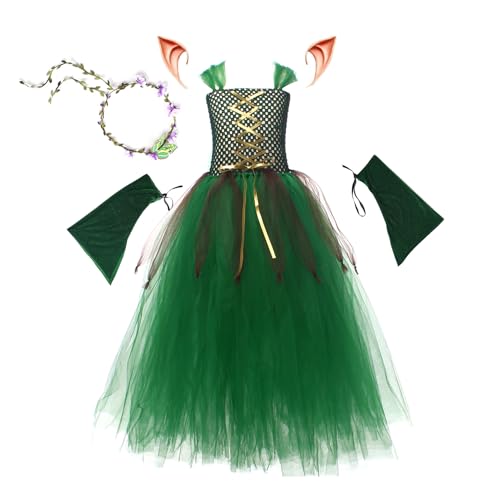 Bagiaope Disfraz Campanilla | Disfraz de Had a Elfo de Halloween | Vestido de Had a Verde Con Orejas Y Corona De Flores Ropa Carnaval para Niñas Pequeñas