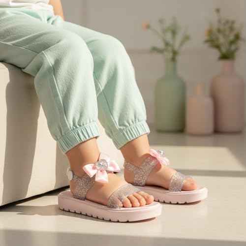 Image of bebe Girl's Flat Sandals - PCU Sandals with Flower, Bow, and Rhinestone Details for Toddler /Little Kid /Big Kid