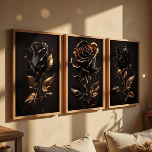 Image of Livin'luxe Black Gold Rose Wall Painting Set of 3 with Wooden Frames | Luxury Floral Artwork HD Sparkle Laminated MDF Wall Decor | Elegant Rose Wall Art for Living Room Bedroom Office