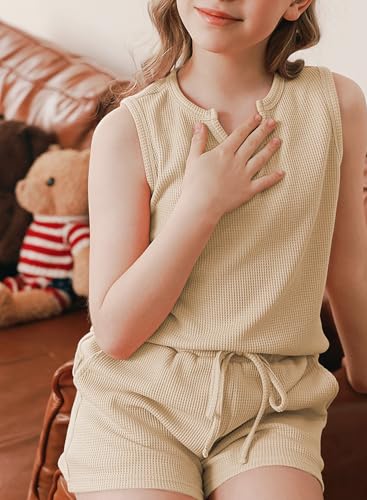 Image of blibean Girls Summer Clothes Set Kids Waffle Pockets Cotton Outfit Size 4-13 Years