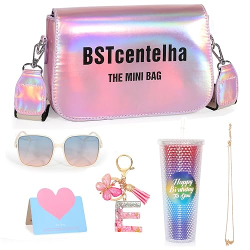 BSTcentelha Presentes de aniversário personalizados para meninas idade 8-18 | Garrafa de água com palha de arco-íris brilhante, elegante bolsa transversal, caixa de presente com tema de coração, e