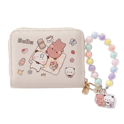 Dudu and Bubu Small Wallet for Girls Kawaii Coin Purse with Beaded Wristlet & Charm Cute PU Leather Mini Zip Card Holder (Pendant + Colorful Chain (Style 3))
