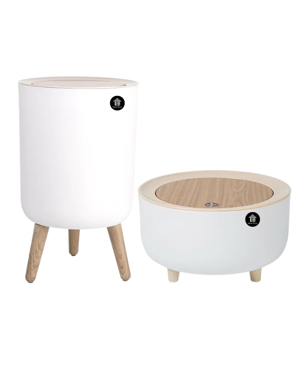 HOME 360 Bloom.Stores Press-Lid Dustbin Set of 2 (7L+2L) - Compact & Stylish Plastic Trash Bin with Wooden Lid for Kitchen, Bathroom, Living Room - Durable PP+ABS High Feet Trash Can