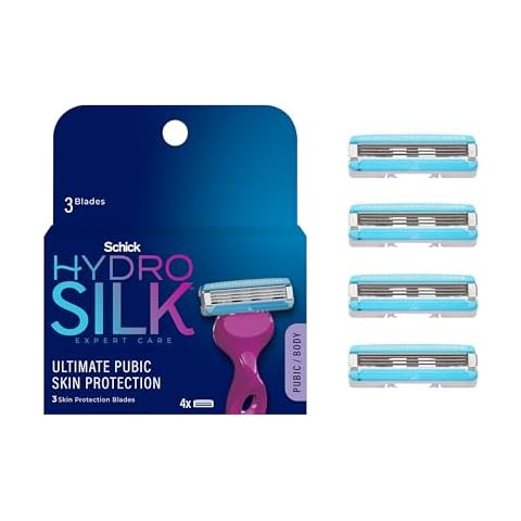 Schick Hydro Silk Ultimate Pubic Skin Protection, 4 Razor Refills Women | Pubic Hair Razor Blades Refills Women, Bikini Razors for Women, Bikini Line Razor, Pubic Razor Refills for Women, 4ct Cover