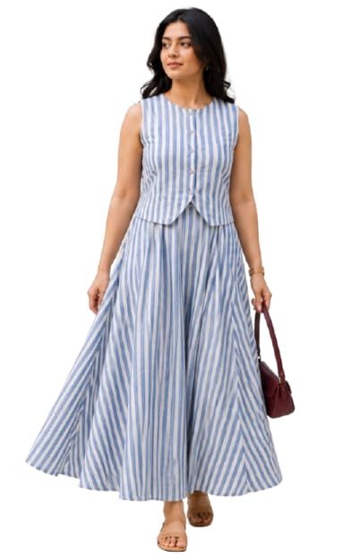 Women's Blue Striped Sleeveless Crop Top and Maxi Skirt Co-ord Set-picture-34