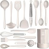 Dishwasher Safe Silicone Cooking Utensils Set - 446°F Heat Resistant Basic Silicone Kitchen Utensils,Turner Tongs, Spatula, Spoon, Brush, Whisk, Gadgets Tools for Nonstick Cookware (BPA Free - Khaki)