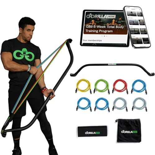 Original Gorilla Bow Portable Home Gym System, Strength Training Equipment 100 Plus Workouts, All in One Exercise Equipment for Travel, Home Gym & Outdoor Workouts (Original Bow, Black, Heavy Bundle)