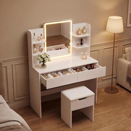 Image of YESHOMY 35.4 inch Vanity Desk with LED Mirror and Lights,Makeup Vanity Set with 2 Storage Drawers, 2 Side Shelves, 1 Storage Bench and Open Storage Shelves, 3 Color Modes, for Bedroom, Modern White