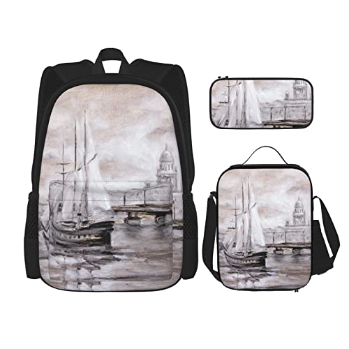 IUBBKI - IUBBKI 3 Piece Set Backpacks Sailing Boat Ship Old Town Book Bag Travel Camping Work School Bag Pencil Case Lunch Bag Combination For Men Women Boys Girls