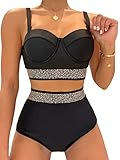 MakeMeChic Women's 2 Piece Swimsuit Rhinestone Trim Push Up High Waisted Bikini Set Bathing Suits Black S
