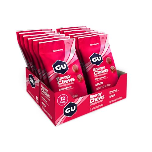 Image of GU Energy Chews, Strawberry Energy Gummies with Electrolytes, Vegan, Gluten-Free, Kosher, 20 mg of Caffeine, and Dairy-Free On-the-Go Energy for Any Workout, 12 Bags (24 Servings Total) (Pack of 2)