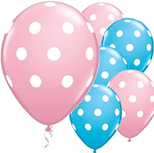 12 Assorted Balloons Baby Blue and Baby Pink with White Polka Dots 12 Inch