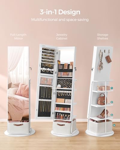 SONGMICS 360° Swivel Mirrored Jewelry Cabinet with Lights, Full-Length Mirror with Jewelry Storage, Standing Jewelry Armoire Organizer, with Large Storage Basket, Makeup Shelf, Cloud White UJJC018W01