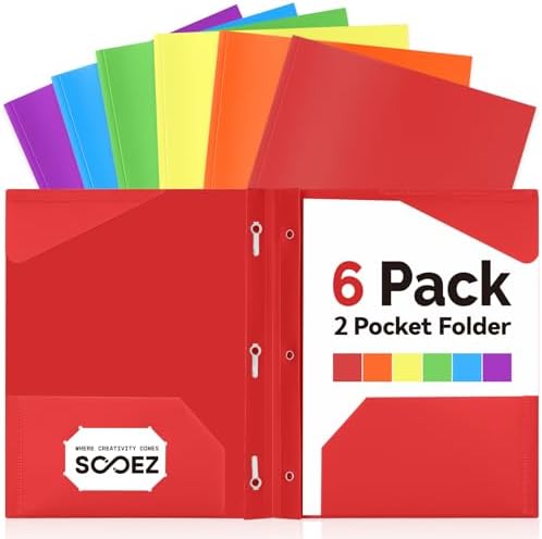 Sooez Plastic Folders with Pockets and Prongs, 6 Pack Pocket Folders with Prongs, Heavy Duty 3 Prong 2-Pocket Folders for Document, Colored File Folder Back to School Supplies for Kids
