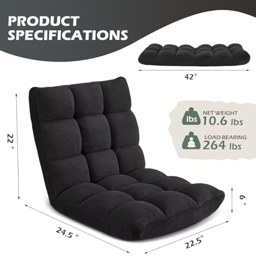 Image of Folding Floor Gaming Chair, 14-Position Adjustable Backrest, Skin-Friendly Flannel & Aluminum Alloy Frame, Ideal for Reading, Gaming, Sleeping, Black