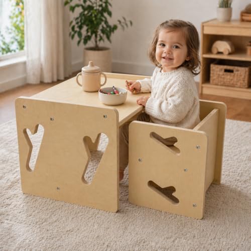 Puecrof Montessori Weaning Table and Chair Solid Wooded Toddler Table and Chair Set Kids Montessori Furniture