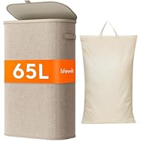 Lifewit Schmal Wäschekorb mit Deckel, 65L Wäschesammler mit Kunststoffrahmen, faltbarer großer Wäschesortierer, Wäschekörbe für Schlafzimmer, Bad, Beige