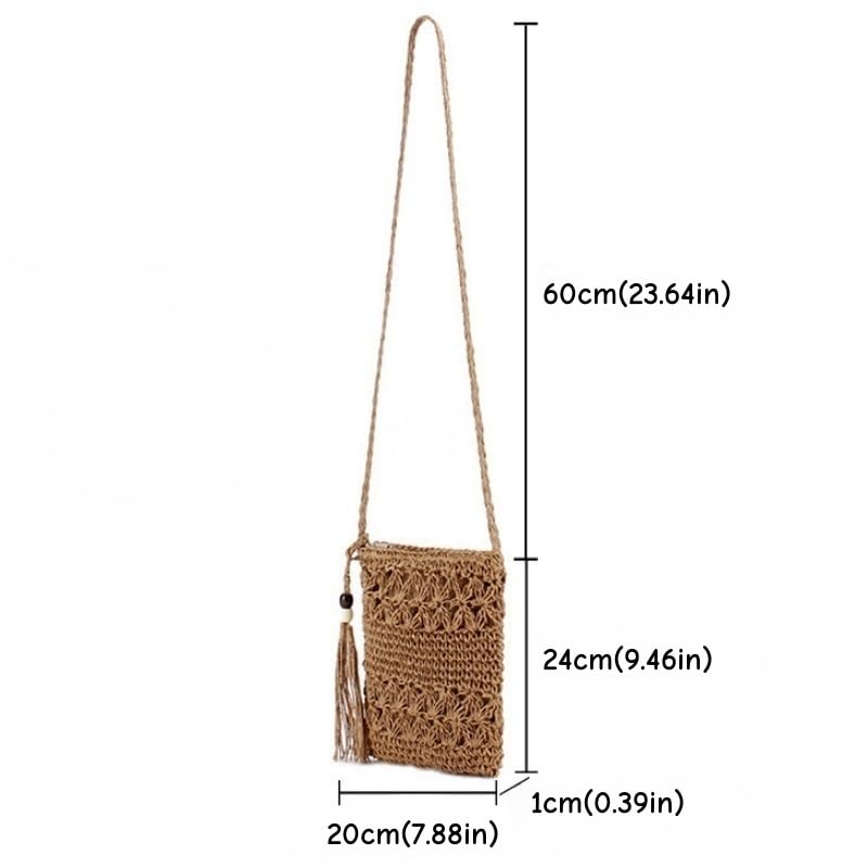 Women's Beach Straw Bag Simple Hollow Out Tassel Rectangle Shoulder Crossbody Bag for Vacation, Brown2
