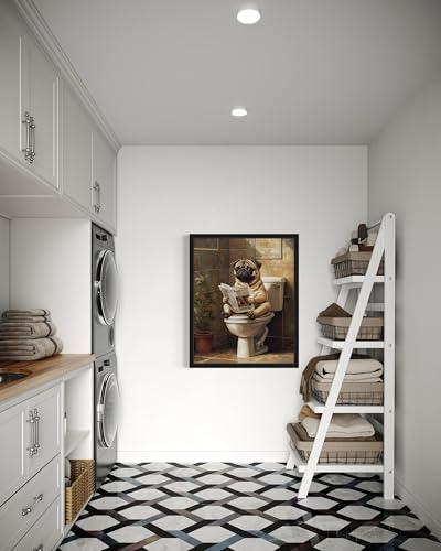 Image of Pug on Toilet Black Framed Wall Art Print Poster, Dog Bathroom Humor Decor Posters Prints for Restroom Home Picture Painting Artwork Gallery 7 (Pug, 10 inchL x 8 inchW, Black Frame)