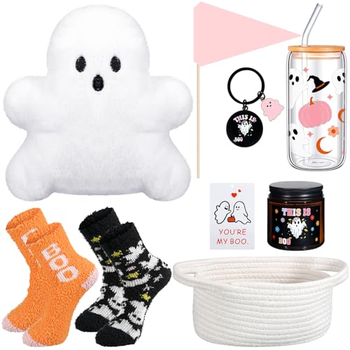 LemonRoad 9 Pcs Boo Basket Stuffers for Women Halloween Boo Basket Items Gift Set with Ghost Plush Toy Spooky Glass Cup Scented Candle Socks for Her Women Adults Wife Girlfriend Friend(Fashion)