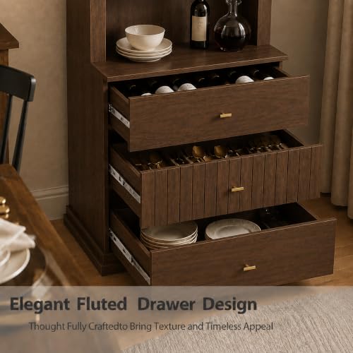 Image of ivaniti 71 inch Arched Kitchen Pantry Cabinet Set of 2, Dark Brown Freestanding Storage Hutch Combination with 1 Glass-Door Coffee Bar Cabinet and 1 Three-Drawer Open Shelf Cabinet for Kitchen