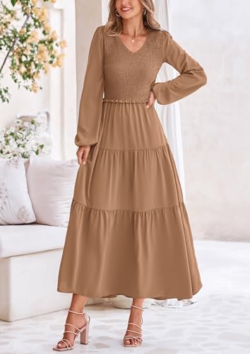 Image of PRETTYGARDEN Fall Dresses for Women 2025 Casual Long Sleeve V Neck Smocked A Line Long Flowy Wedding Guest Dress