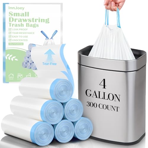 Image of 300 Count Small Trash Bags for 4-Gallon (15 L) Trash Cans, Thick Pre-separated Garbage Bags, Mini Wastebasket can Liners for Bathroom Bedroom Office(White)