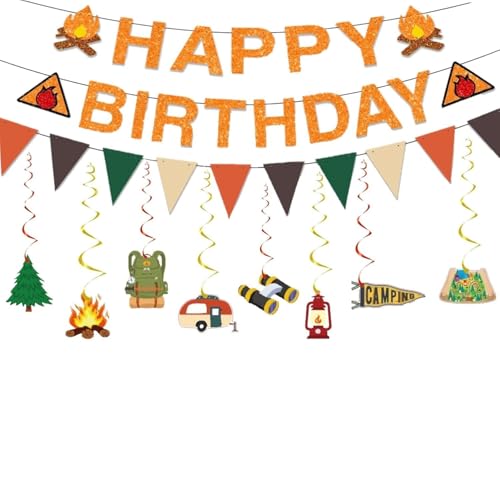 Camping Themed Birthday Party Decorations Kit Adult,Glitter Happy Birthday Banner Sign with 3D Campfire Hanging Swirls,for Camper Camp Hiking Party Decor Supplies
