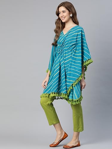 Image of Yuris Women Blue Green Striped Kaftan with Trousers