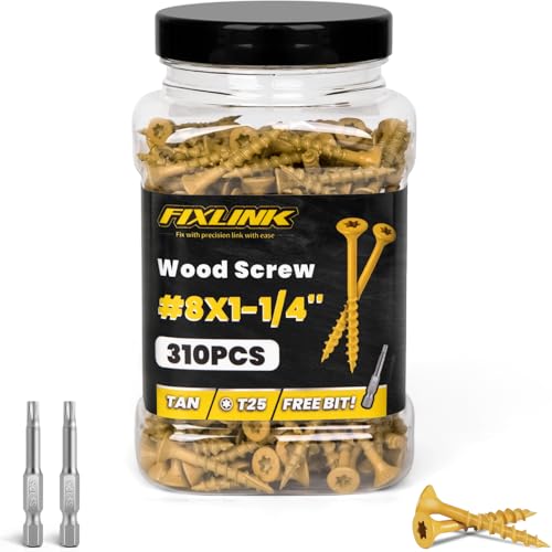 Image of Wood Screws 1-1 /4 Inch, FIXLINK Deck Screws #8 x 1-1 /4 inch, 310 PCS, Epoxy Coated, T25 Star Bit Above 1500 Hour Salt Spray Coating Outdoor Decking Screws Excellent Rust Resistant for Wood Fence, Tan