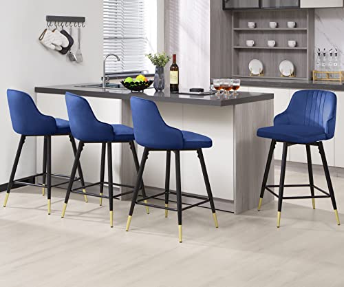 25" Swivel Counter Height Bar Stools Set Of 2, Velvet Bar Stool With Low Back And Footrest, Modern Armless Kitchen Counter Barstools, Upholstered Island Stools, Easy Assembly, 2 Bar Chairs,Blue #TOP6