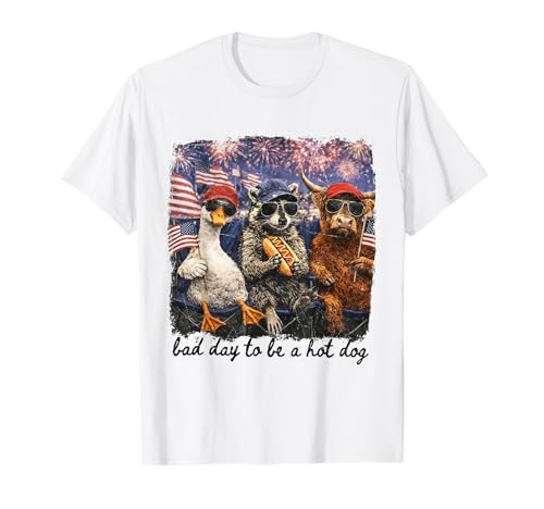 Bad Day to Be A Hot Dog Goose Raccoon Highland Cow 4th July T-Shirt