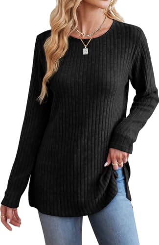 Image of Jescakoo Long Sleeve Shirts for Women Crew Neck Fall Tops Side Split Lightweight Tunic Sweaters Fashion Clothes 2025 S-4XL