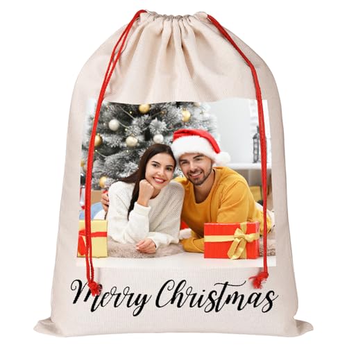 Sacos de Papá Noel personalizados con nombre inicial, bolsas de regalo de Navidad reutilizables con cordón, bolsa de Papá Noel personalizada para regalos de Navidad (A4, foto y texto)