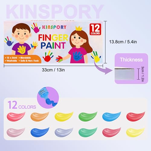 KINSPORY Kinder-Fingerfarben 12 x 36 ml – Waschbare Farben für Kleinkinder, Ungiftig, Babygerecht für Hände und Füße, Vorschulkunstbedarf Kreative Geschenke
