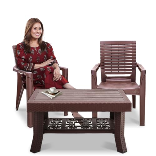 Image of MAHARAJA Heavy-Duty Plastic Chairs & Table | Set of Chairs with Elegant Table | Premium Design, Ideal for All Seasons (Brown, 2 Chair+1 Table)