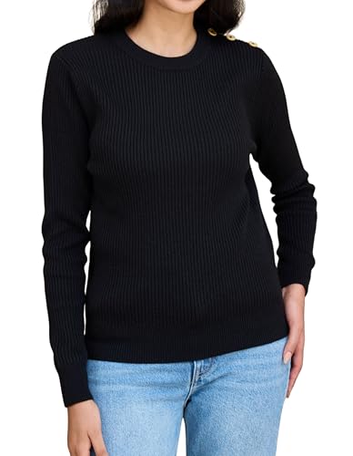 Button-Accented Shoulders Wool Sweaters for Women, Soft Midweight Knit Crew Neck Women Pullover Sweater Long Sleeve