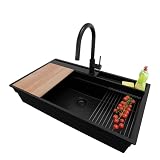 PRIMAGRAN Lavandino da Cucina Tutto Nero 88x53cm, Lavello in Granito a 1 vasca + Rubinetto 40x20cm + Set di accessori, Lavabo da Cucina Incasso al Mobile 90cm - Oslo 90 Pocket S475