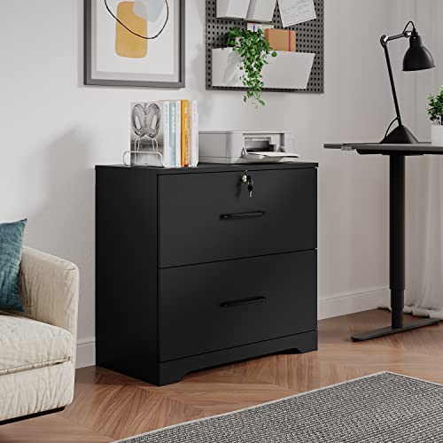 2 Drawer File Cabinet With Lock, Wooden Lateral Storage Home Office Filing Cabinet With Anti-Tilt Mechanism With 8 Hanging Bars For Letter/Legal Size (Black) #TOP4
