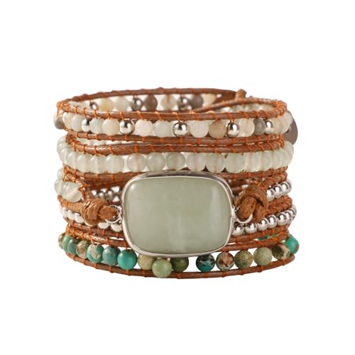 Artilady Natural Stone Bracelets For Women - Boho Leather Wrap Handmade Bracelet Turquoise Agate Healing Crystal Bead Stack Multilayer Jewelry Gifts For Women cover