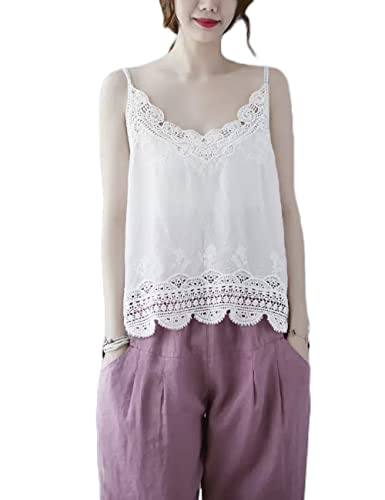 NFYM Women's V Neck Sleeveless Lace Embroidered Undershirt Cotton Spaghetti Strap Layering Camisole Cami Tank Top